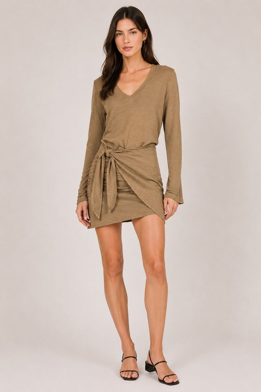 Monrow Supersoft Long Sleeve V Neck Mini Dress Tan Womens Size XS New